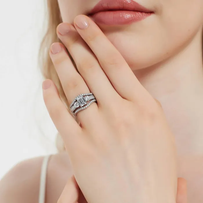 Rings BERRICLE 3Stone 1ct Emerald Cut CZ Ring Set in Sterling Silver