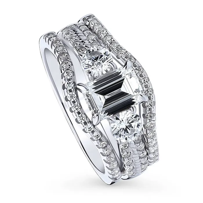 Rings BERRICLE 3Stone 1ct Emerald Cut CZ Ring Set in Sterling Silver