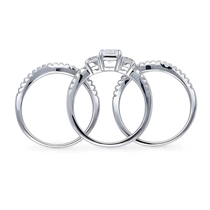 Rings BERRICLE 3Stone 1ct Emerald Cut CZ Ring Set in Sterling Silver