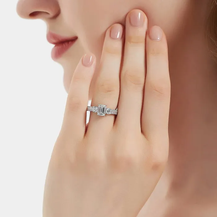 Rings BERRICLE 3Stone 1ct Emerald Cut CZ Ring Set in Sterling Silver