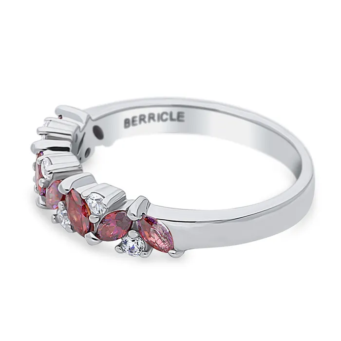 Rings BERRICLE Cluster Flower Red CZ Stackable Band in Sterling Silver