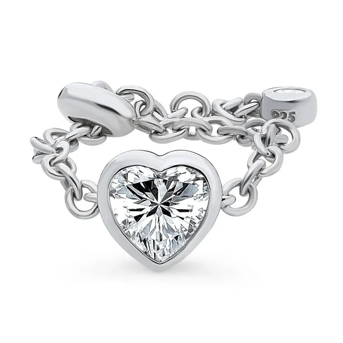 Rings BERRICLE Solitaire Bezel Heart CZ Chain Ring in Sterling Silver 07ct