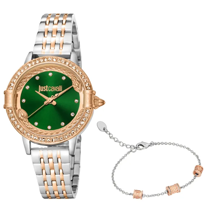 Rings Just Cavalli Just Cavalli Womens Two Tone Silver Rose Gold Watch with Dark Green Dial