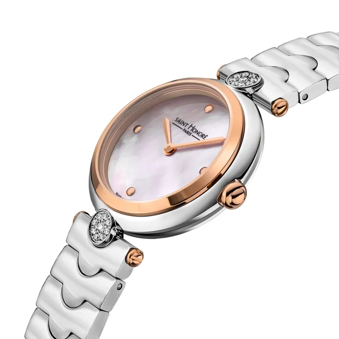 Saint Honore Saint Honore City of Lights Womens Pink MOP Dial Rose Gold Bszel Silver Diamonds Watch Necklaces