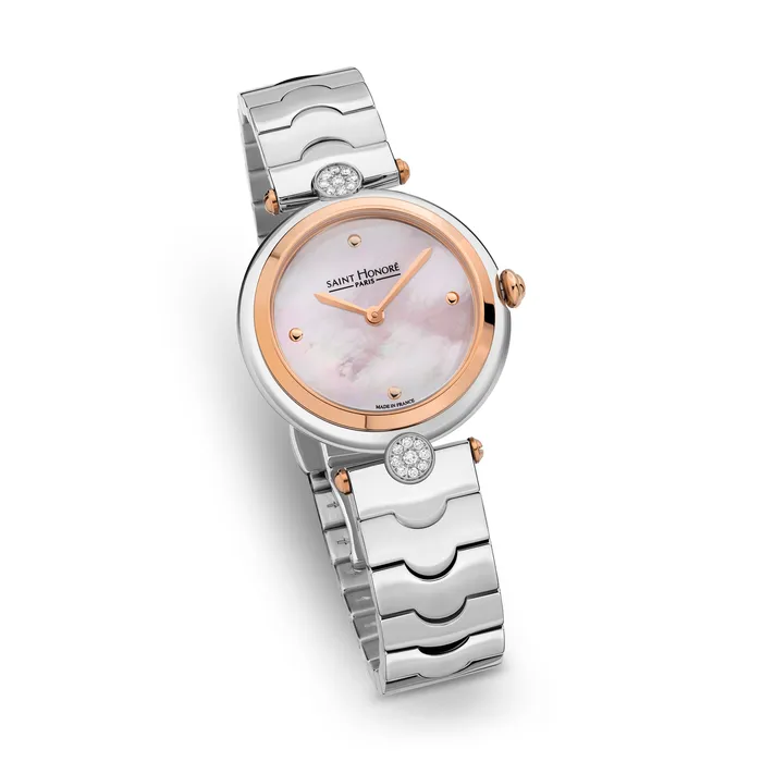 Saint Honore Saint Honore City of Lights Womens Pink MOP Dial Rose Gold Bszel Silver Diamonds Watch Necklaces