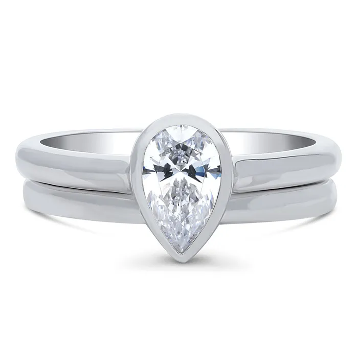 Solitaire 08ct Bezel Pear CZ Ring Set in Sterling Silver BERRICLE Rings