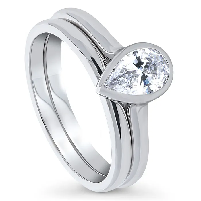 Solitaire 08ct Bezel Pear CZ Ring Set in Sterling Silver BERRICLE Rings