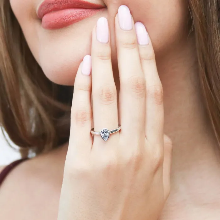 Solitaire 08ct Bezel Pear CZ Ring Set in Sterling Silver BERRICLE Rings