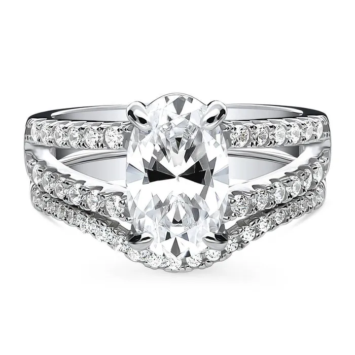 Solitaire Wishbone CZ Split Shank Ring Set in Sterling Silver BERRICLE Rings Solitaire Wishbone CZ Split Shank Ring Set in Sterling Silver BERRICLE Rings