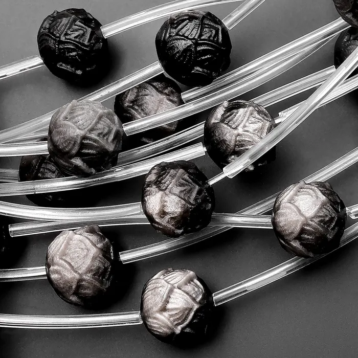 AAA Hand Carved 3D Natural Silver Obsidian Lotus Flower Gemstone Round Beads 12mm Intrinsic Trading Necklaces