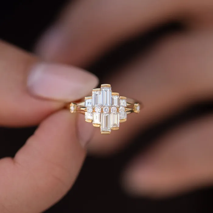 ARTEMER Rings Art Deco Engagement Ring with Asymmetrical Baguette Diamonds