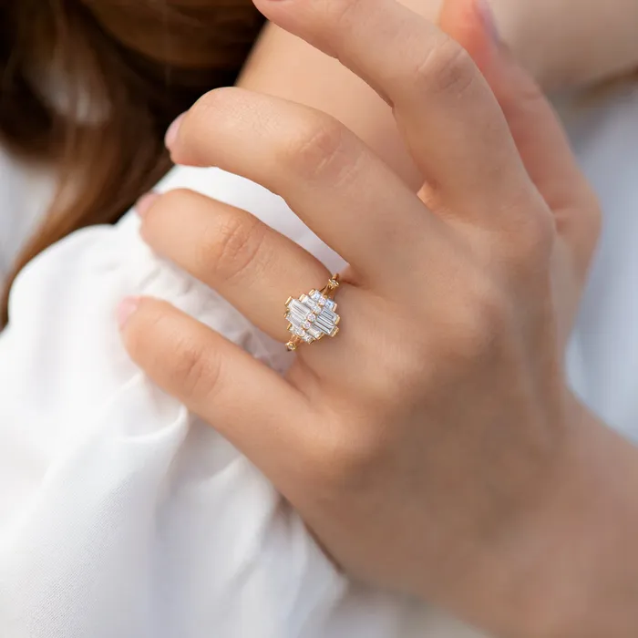 ARTEMER Rings Art Deco Engagement Ring with Asymmetrical Baguette Diamonds