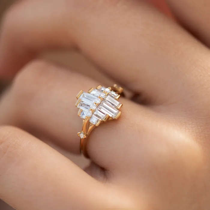ARTEMER Rings Art Deco Engagement Ring with Asymmetrical Baguette Diamonds