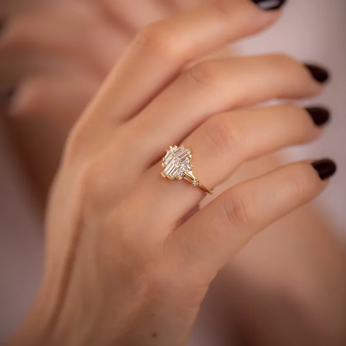ARTEMER Rings Art Deco Engagement Ring with Asymmetrical Baguette Diamonds