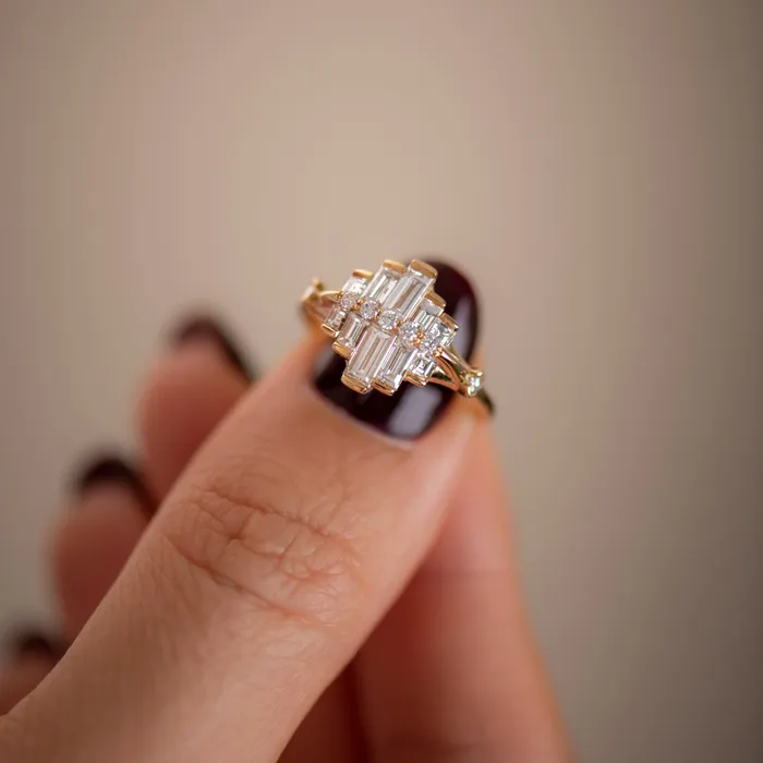 ARTEMER Rings Art Deco Engagement Ring with Asymmetrical Baguette Diamonds
