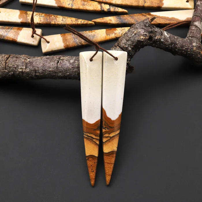 Earrings Intrinsic Trading AAA Drilled Natural Picture Jasper Long Triangle Dagger Earring Cabochon Matched Gemstone Bead Pair A3