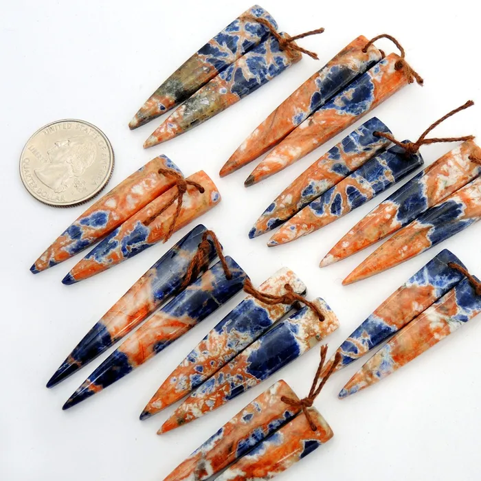Earrings Intrinsic Trading Natural Orange Sodalite Earring Pair Dagger Cabochon Cab Drilled Matched Earrings Bead Pair Natural Vibrant Blue Orange Stone