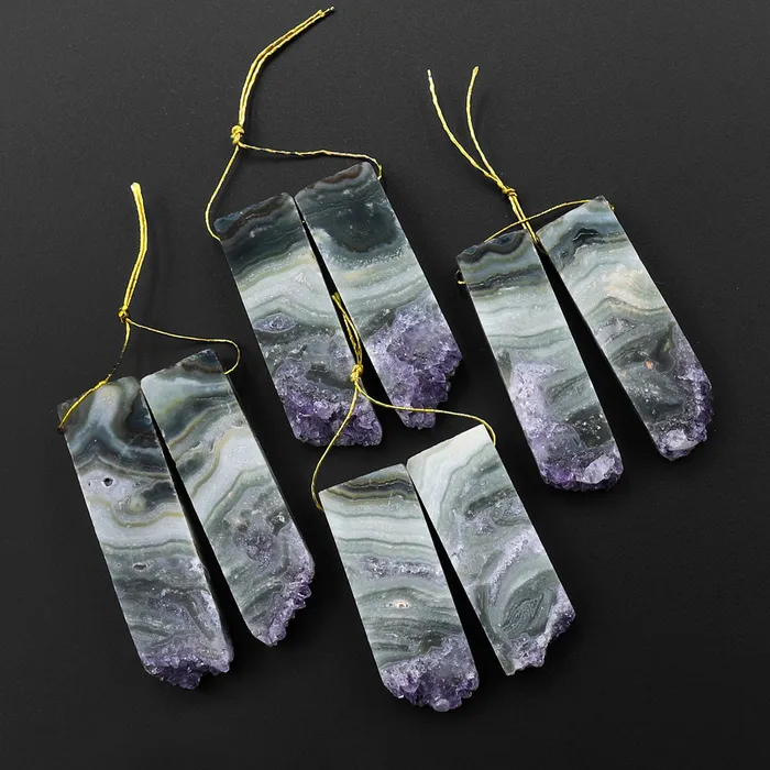 Earrings Natural Green Purple Amethyst Stalactite Slice Matched Earring Gemstone Bead Pair Intrinsic Trading