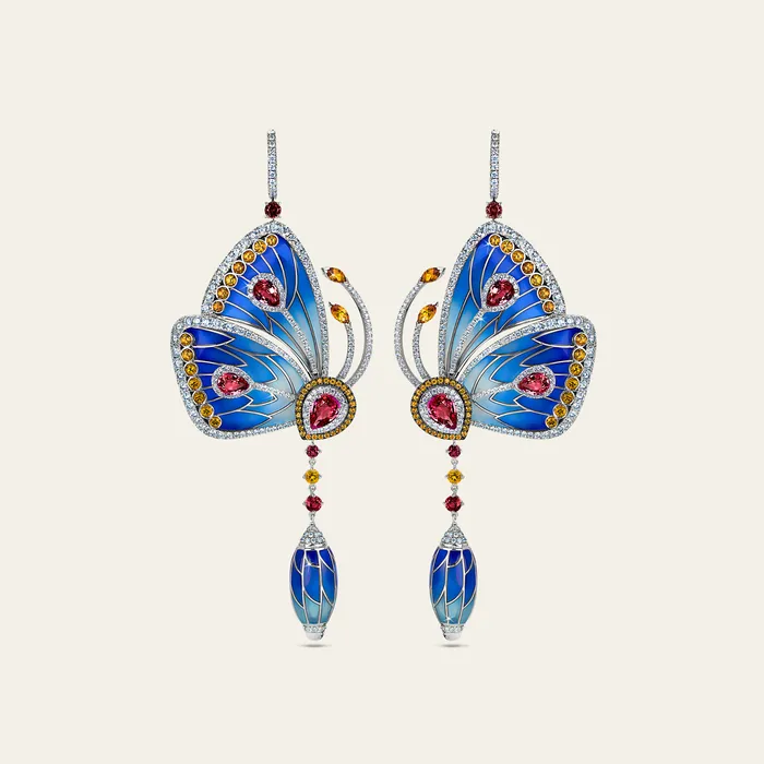 Earrings Papillon Earrings Hand crafted in 18k white gold with citrine rhodolite white diamonds and blue cathedral enamel Earrings Papillon Earrings Hand crafted in 18k white gold with citrine rhodolite white diamonds and blue cathedral enamel