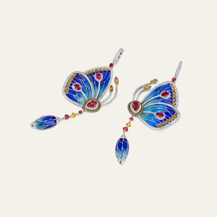 Earrings Papillon Earrings Hand crafted in 18k white gold with citrine rhodolite white diamonds and blue cathedral enamel