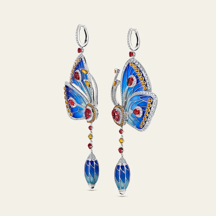 Earrings Papillon Earrings Hand crafted in 18k white gold with citrine rhodolite white diamonds and blue cathedral enamel