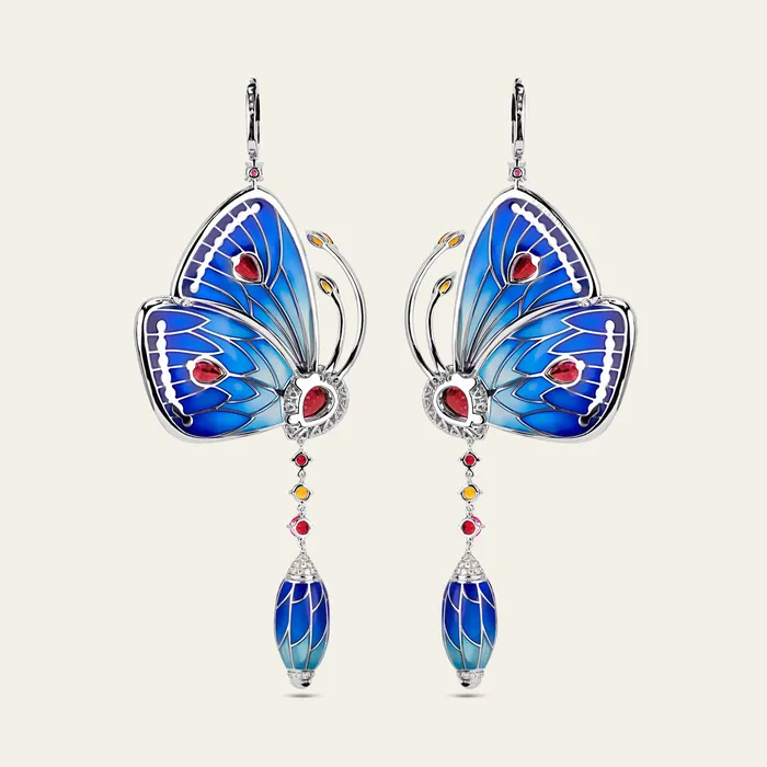 Earrings Papillon Earrings Hand crafted in 18k white gold with citrine rhodolite white diamonds and blue cathedral enamel