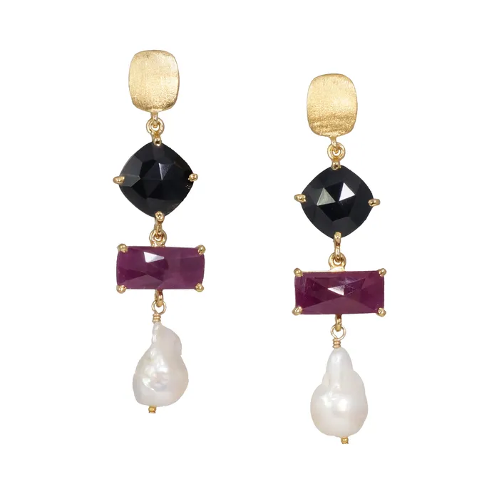 Earrings Q Evon Earrings 18K Vermeil Spinel Ruby and Pearl