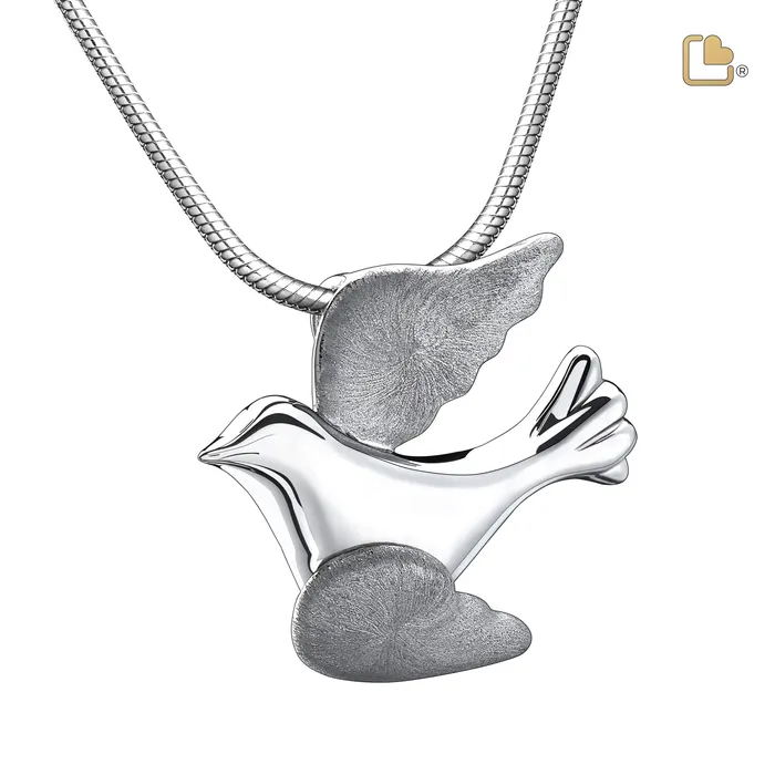 Flying Dove Two Tone Rhodium Plated Sterling Silver Cremation Pendant LoveUrns Treasure Rings Flying Dove Two Tone Rhodium Plated Sterling Silver Cremation Pendant LoveUrns Treasure Rings