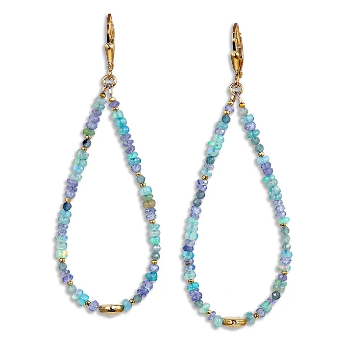 Gold Leverback Earrings with Blue Opal Tanzanite Aquamarine Large Q Evon Earrings Gold Leverback Earrings with Blue Opal Tanzanite Aquamarine Large Q Evon Earrings