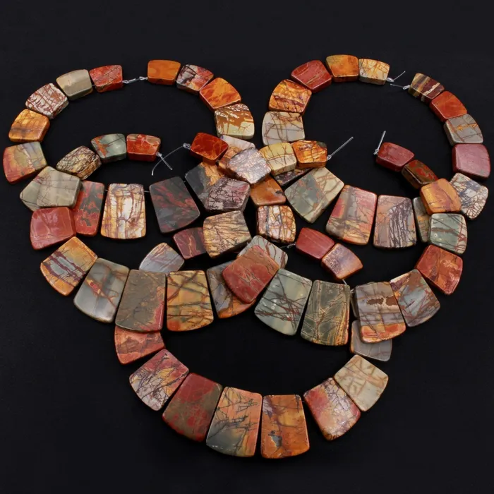 Graduated Natural Red Creek Jasper Trapezoid Beads Earthy Red Green Yellow Brown Multicolor Picasso Jasper 16 Necklace Strand Intrinsic Trading Necklaces