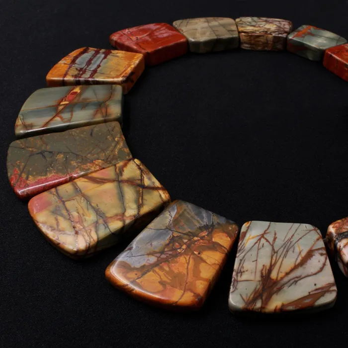Graduated Natural Red Creek Jasper Trapezoid Beads Earthy Red Green Yellow Brown Multicolor Picasso Jasper 16 Necklace Strand Intrinsic Trading Necklaces