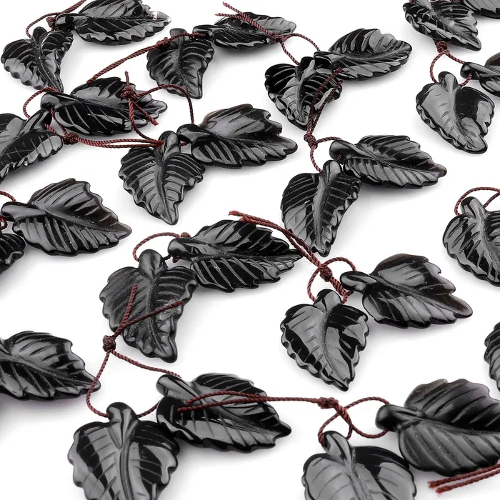 Hand Carved Natural Black Onyx Leaf Earring Pair Drilled Gemstone Matched Beads Intrinsic Trading Earrings