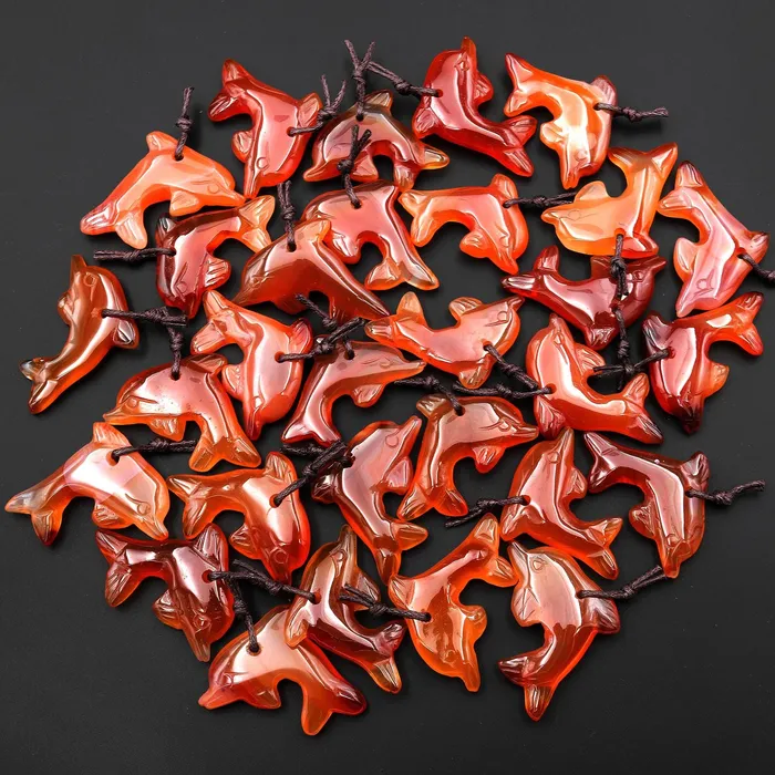 HandCarved Natural Orange Red Carnelian Agate Dolphin Pendant Intrinsic Trading Necklaces