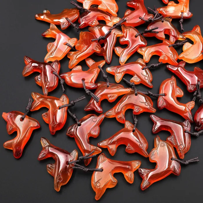 HandCarved Natural Orange Red Carnelian Agate Dolphin Pendant Intrinsic Trading Necklaces