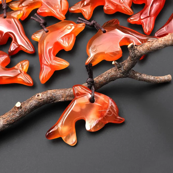 HandCarved Natural Orange Red Carnelian Agate Dolphin Pendant Intrinsic Trading Necklaces