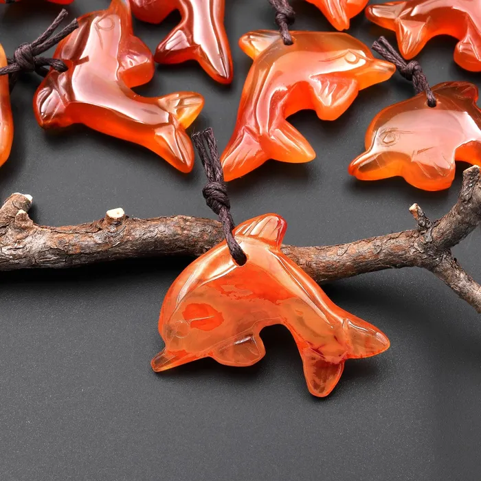 HandCarved Natural Orange Red Carnelian Agate Dolphin Pendant Intrinsic Trading Necklaces