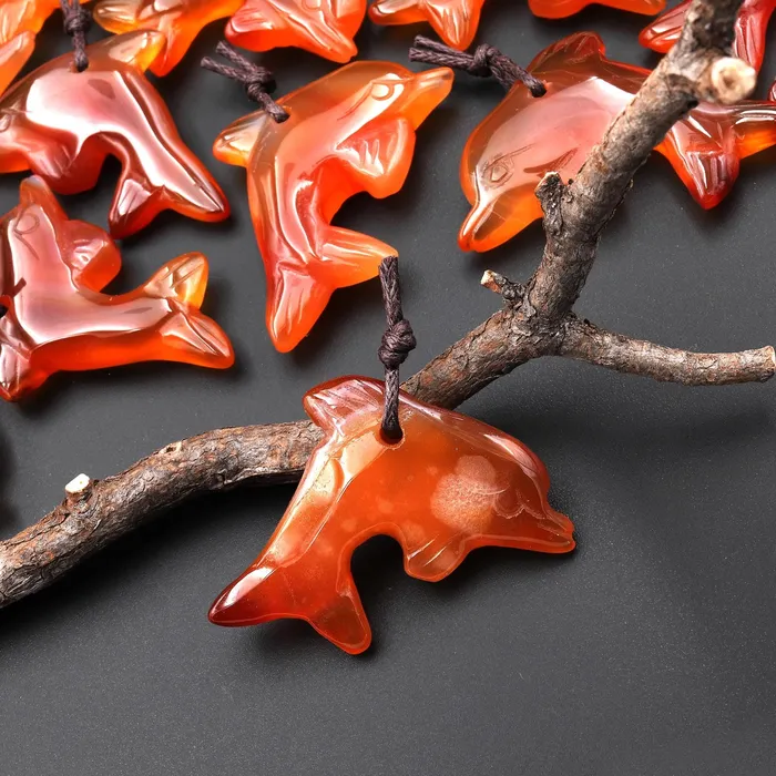 HandCarved Natural Orange Red Carnelian Agate Dolphin Pendant Intrinsic Trading Necklaces