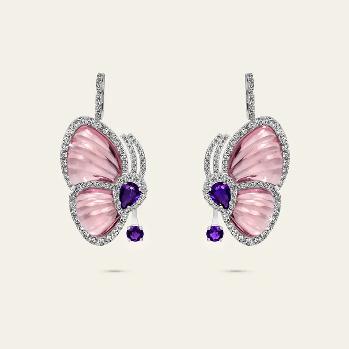 Hand crafted in 18k white gold with peridot amethyst white diamonds and green purple cathedral enamel Earrings Papillon Earrings Hand crafted in 18k white gold with peridot amethyst white diamonds and green purple cathedral enamel Earrings Papillon Earrings