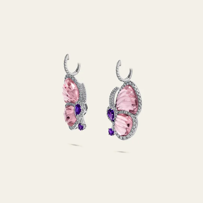 Hand crafted in 18k white gold with peridot amethyst white diamonds and green purple cathedral enamel Earrings Papillon Earrings