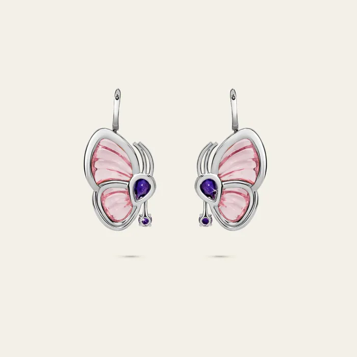 Hand crafted in 18k white gold with peridot amethyst white diamonds and green purple cathedral enamel Earrings Papillon Earrings