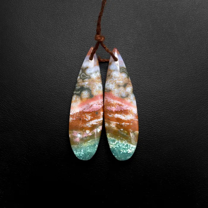 Intrinsic Trading Earrings Drilled Natural Ocean Jasper Earring Pair Matched Teardrop Gemstone Beads A3