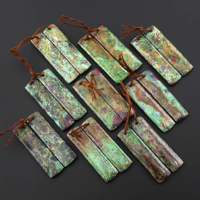 Intrinsic Trading Earrings Natural Rusty Brown Ruby Green Fuchsite Rectangle Earring Pair Matched Gemstone Beads