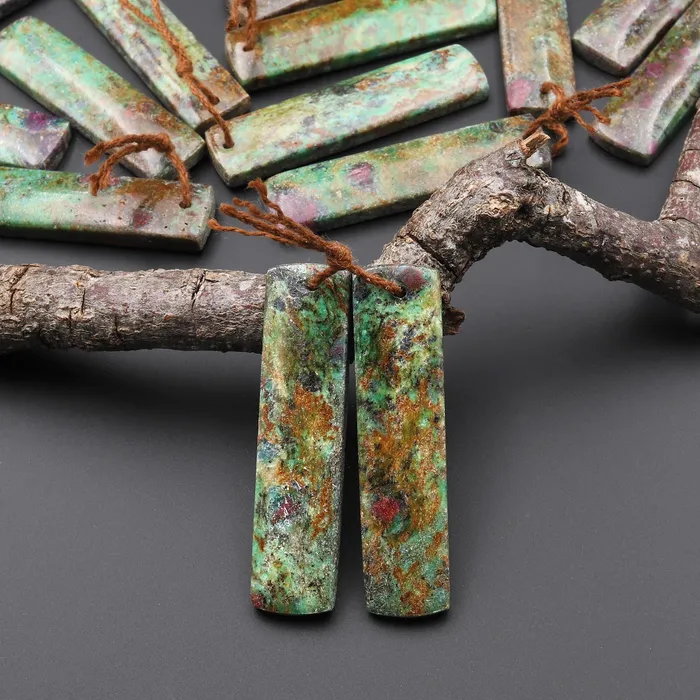 Intrinsic Trading Earrings Natural Rusty Brown Ruby Green Fuchsite Rectangle Earring Pair Matched Gemstone Beads