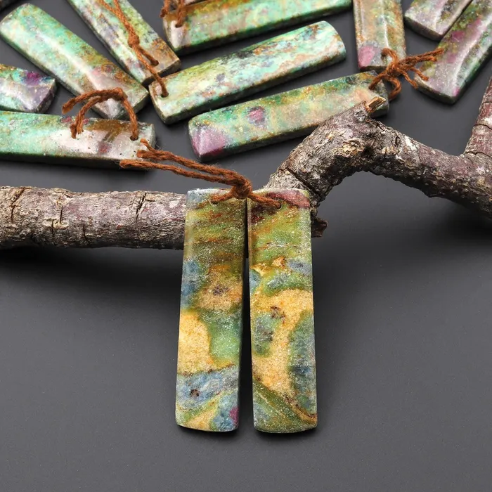Intrinsic Trading Earrings Natural Rusty Brown Ruby Green Fuchsite Rectangle Earring Pair Matched Gemstone Beads