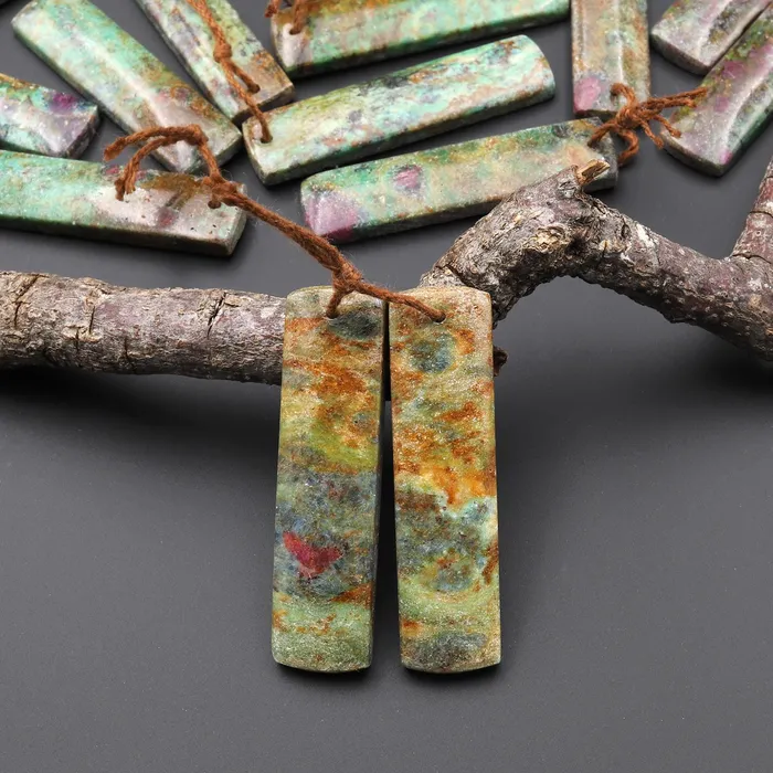 Intrinsic Trading Earrings Natural Rusty Brown Ruby Green Fuchsite Rectangle Earring Pair Matched Gemstone Beads