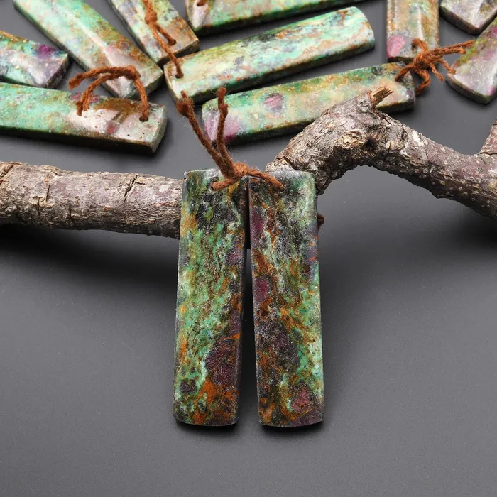 Intrinsic Trading Earrings Natural Rusty Brown Ruby Green Fuchsite Rectangle Earring Pair Matched Gemstone Beads
