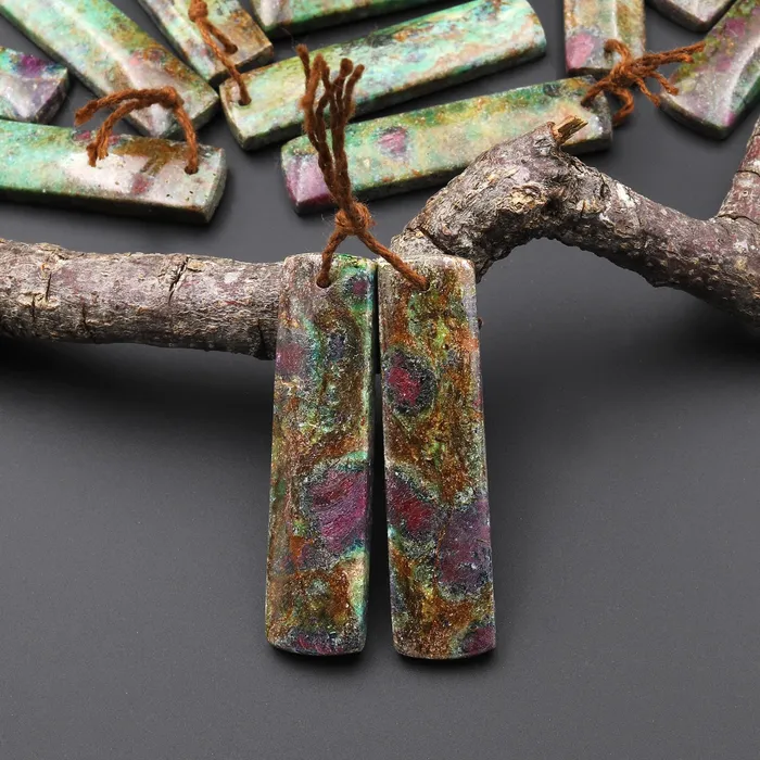 Intrinsic Trading Earrings Natural Rusty Brown Ruby Green Fuchsite Rectangle Earring Pair Matched Gemstone Beads