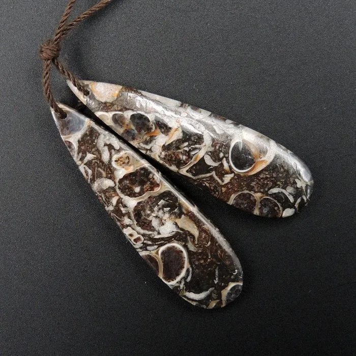 Intrinsic Trading Earrings Natural Turritella Agate Fossil Earring Pair Cabochon Cab Pair Drilled Teardrop Matched Earrings Bead Pair E2438