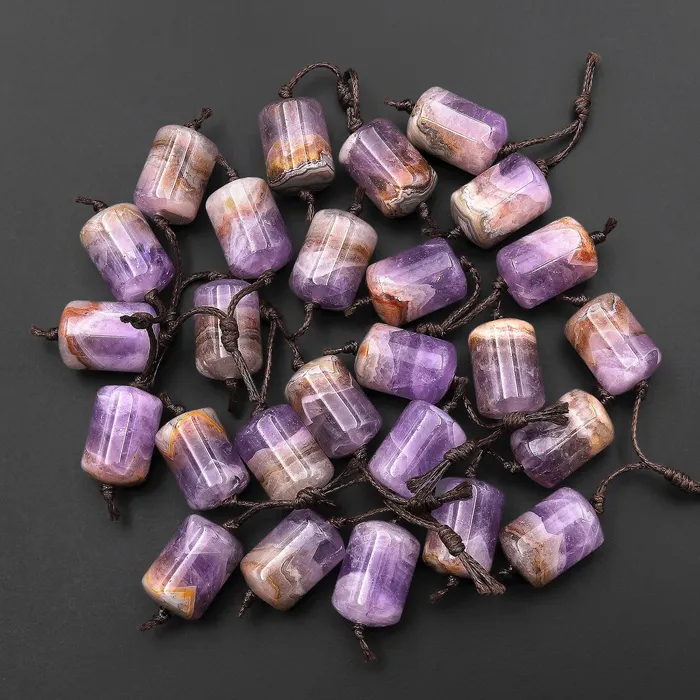 Intrinsic Trading Earrings Rare Natural Rainbow Purple Amethyst Earring Pair Matched Short Cylinder Tube 14x10mm Gemstone Beads W Amazing Veins Bands