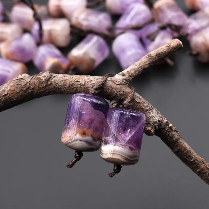 Intrinsic Trading Earrings Rare Natural Rainbow Purple Amethyst Earring Pair Matched Short Cylinder Tube 14x10mm Gemstone Beads W Amazing Veins Bands